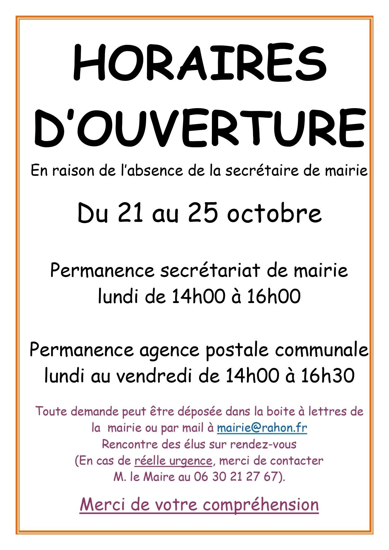 Modifications des horaires d'ouverture de la mairie et de l'agence postale  communale 